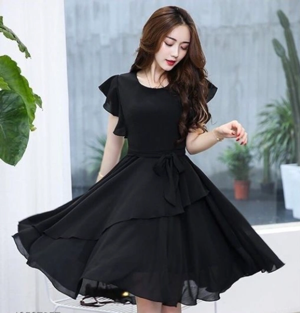 Elizy Women Black Plain Flair Georgette Short Dress - S, Black, Georgette, Pack of 1